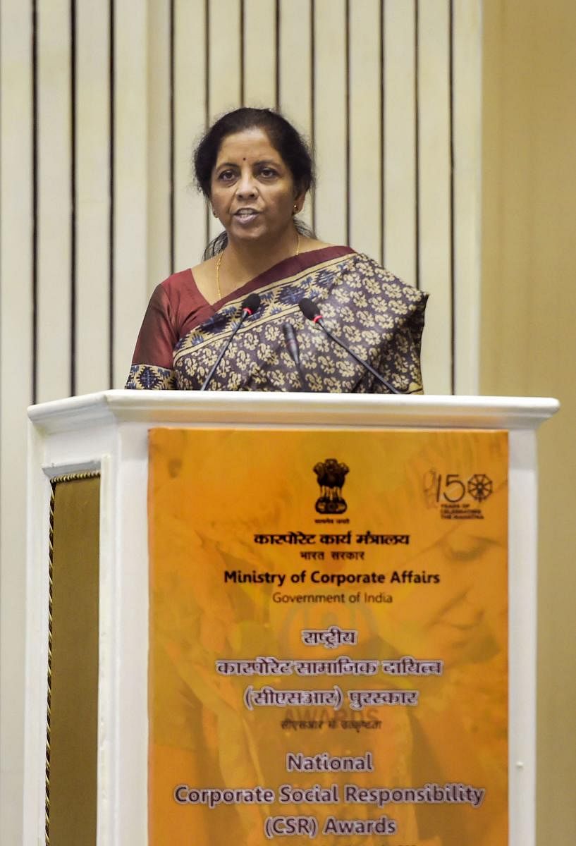 Union Finance Minister Nirmala Sitharaman addresses the National Corporate Social Responsibility Awards function in New Delhi on Tuesday. (PTI Photo)