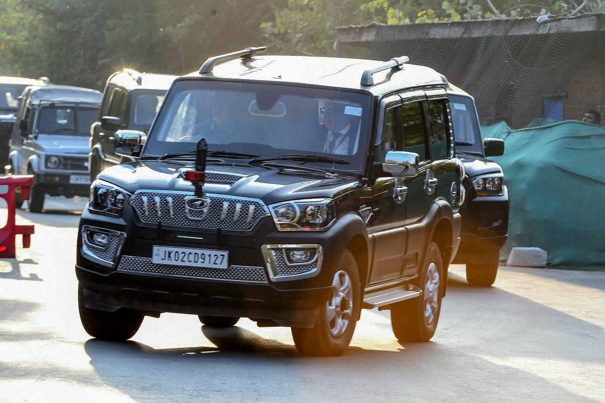 Members of a European lawmakers delegation are being transported towards a hotel during a lockdown in Srinagar on October 29, 2019. (AFP)