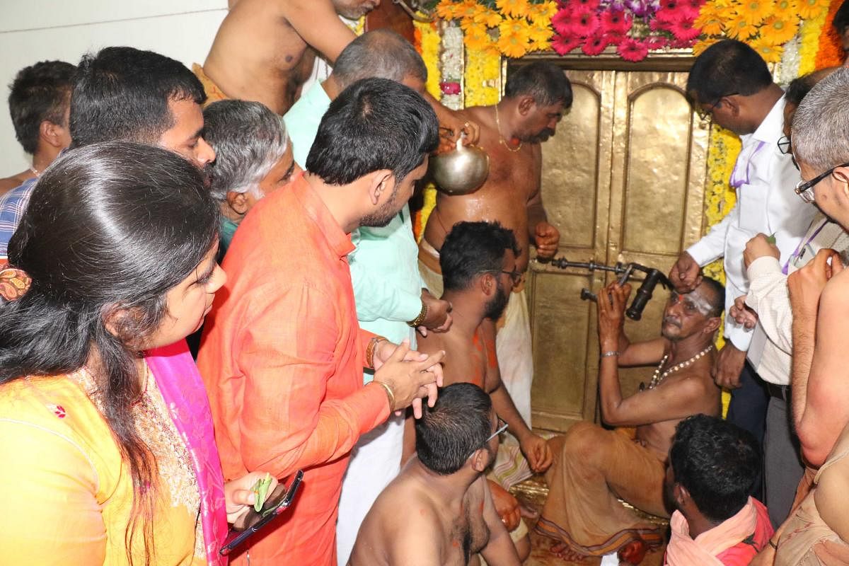 The sanctum sanctorum of Hasanamba temple locked in the presence of officials in Hassan on Tuesday. dh photo