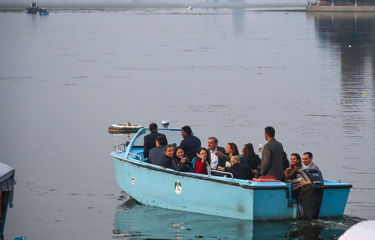 Members of European Union Parliamentary delegation during a boat ride at Dal Lake in Srinagar (PTI Photo)