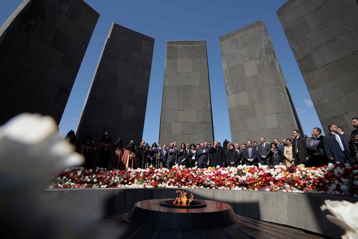 Armenian President Armen Sarkisian, Prime Minister Nikol Pashinyan, Catholicos Garegin II, the head of the Armenian Apostolic Church, and other officials attend a ceremony commemorating the 104th anniversary of the Armenian Genocide. AFP file photo