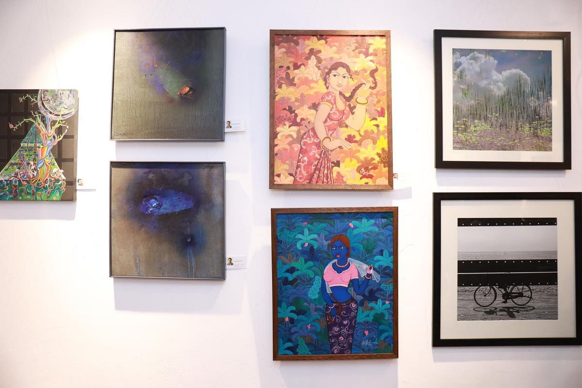 Works of artists displayed at the S Cube Art Gallery in Mangaluru.
