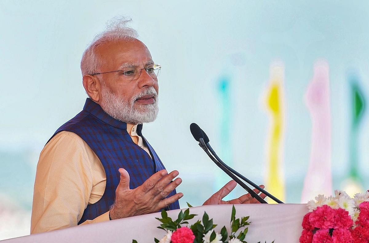 Prime Minister Narendra Modi addresses a gathering at the Statue of Unity on the occasion of 144th birth anniversary of Sardar Vallabhbhai Patel, at Kevadia in Narmada district of Gujarat, Thursday, Oct.31, 2019. (PIB/PTI Photo)