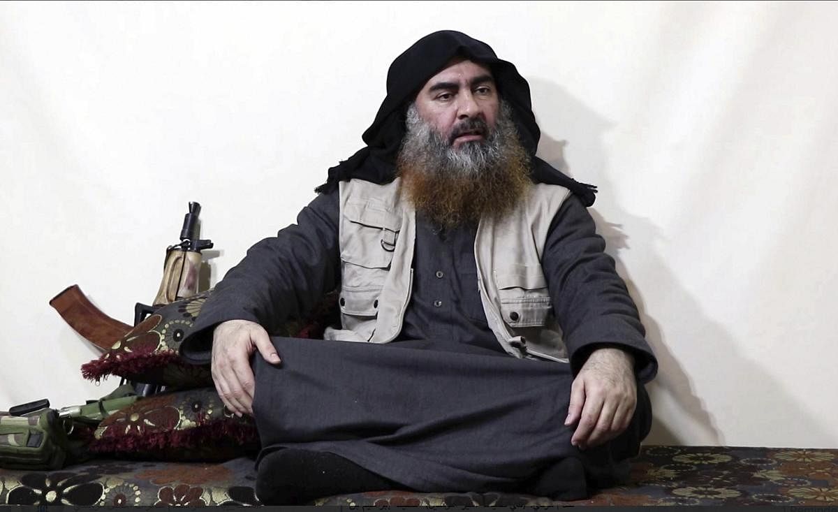 This file image made from video posted on a militant website April 29, 2019, purports to show the leader of the Islamic State group, Abu Bakr al-Baghdadi, being interviewed by his group's Al-Furqan media outlet