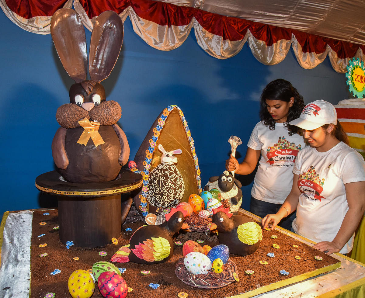 Chocolate Easter Egg cake made by Institute of Baking and Cake Art student at Annual Cake Show at St Josephs Indian High School grounds in Bengaluru on Thursday, Cake show starts on 14th December to 1 January. Photo by S K Dinesh