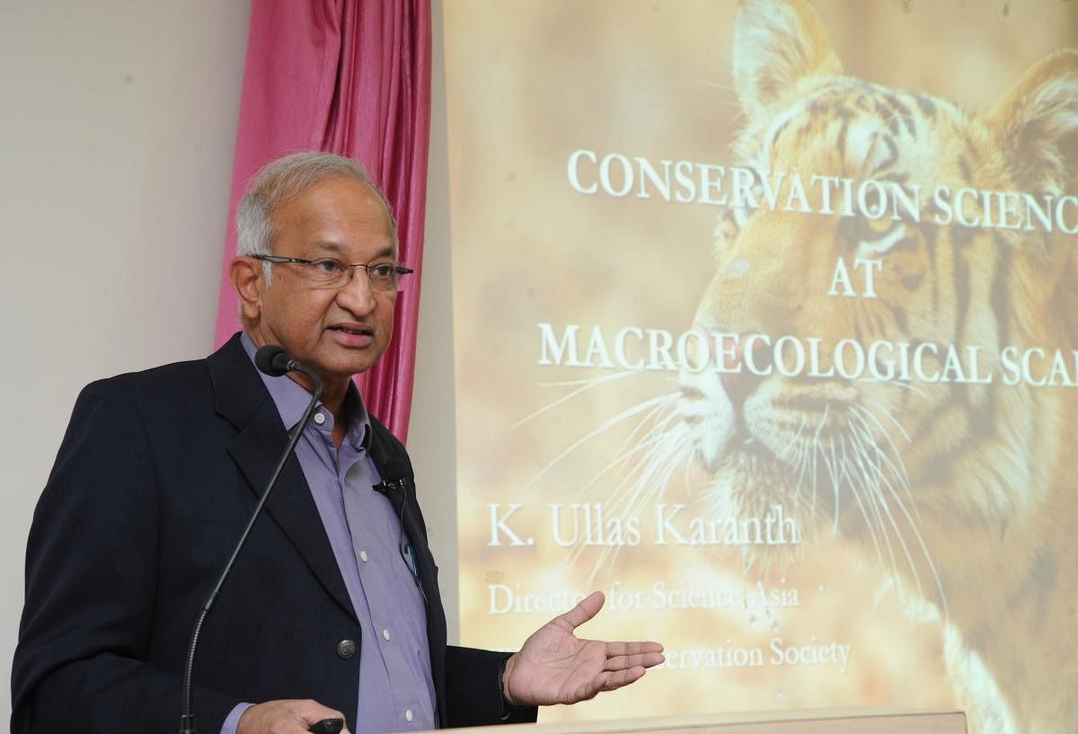 Dr Ullas Karanth, Centre for Wildlife studies director, speaks at the Interdisciplinary Conference on Healthcare and Technical Research at Marena Stadium in Attavar, Mangaluru, on Thursday.