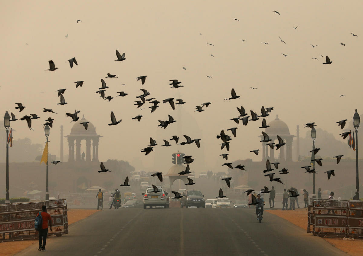 Birds fly as people commute near India's Presidential Palace on a smoggy day in New Delhi (Photo by Reuters)