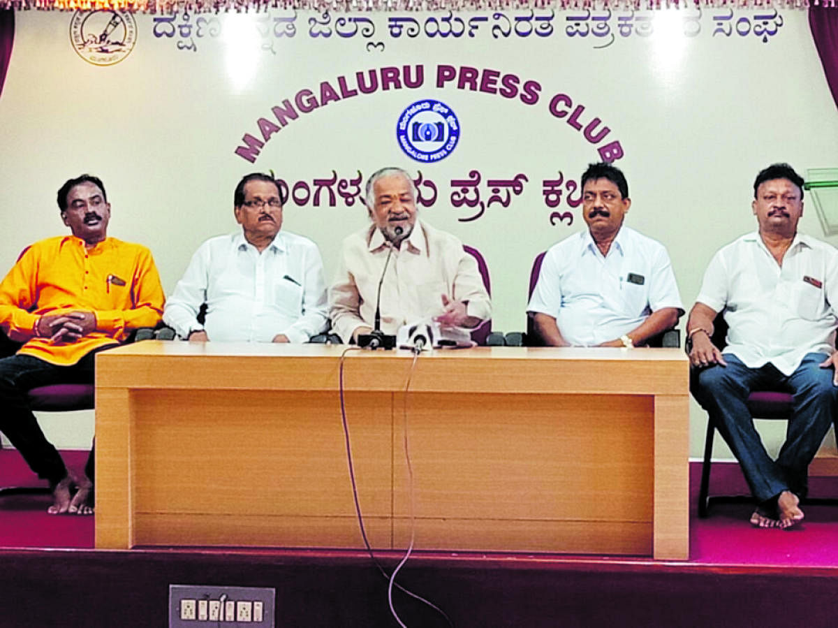 Former MLA Vijay Kumar Shetty speaks to reporters in Mangaluru on Friday.