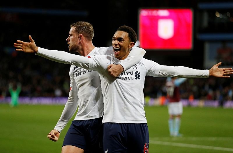  Liverpool's Jordan Henderson and Trent Alexander-Arnold celebrate their second goal scored by Sadio Mane. (Reuters Photo)