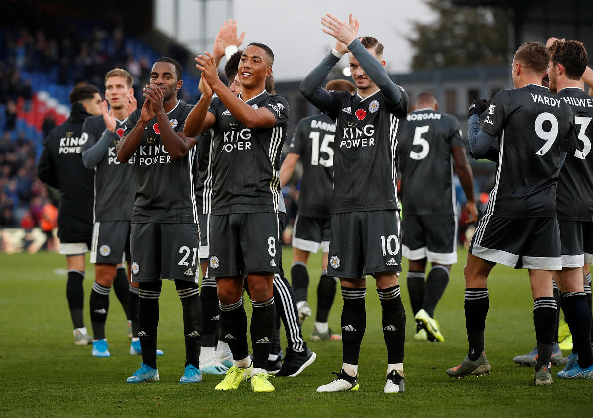eicester City's James Maddison, Youri Tielemans and Ricardo Pereira applaud the fans after the match. Reuters photo