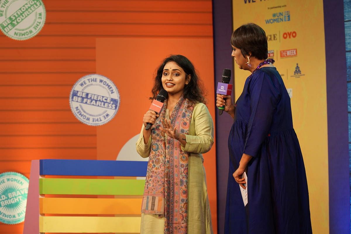 Theatre actor Angela Model speaks to journalist Barkha Dutt about her alleged rape at the hands of thespian Sudipto Chatterjee, during a conference on women's rights in the city on Sunday. DH PHOTO/Akhil Kadidal