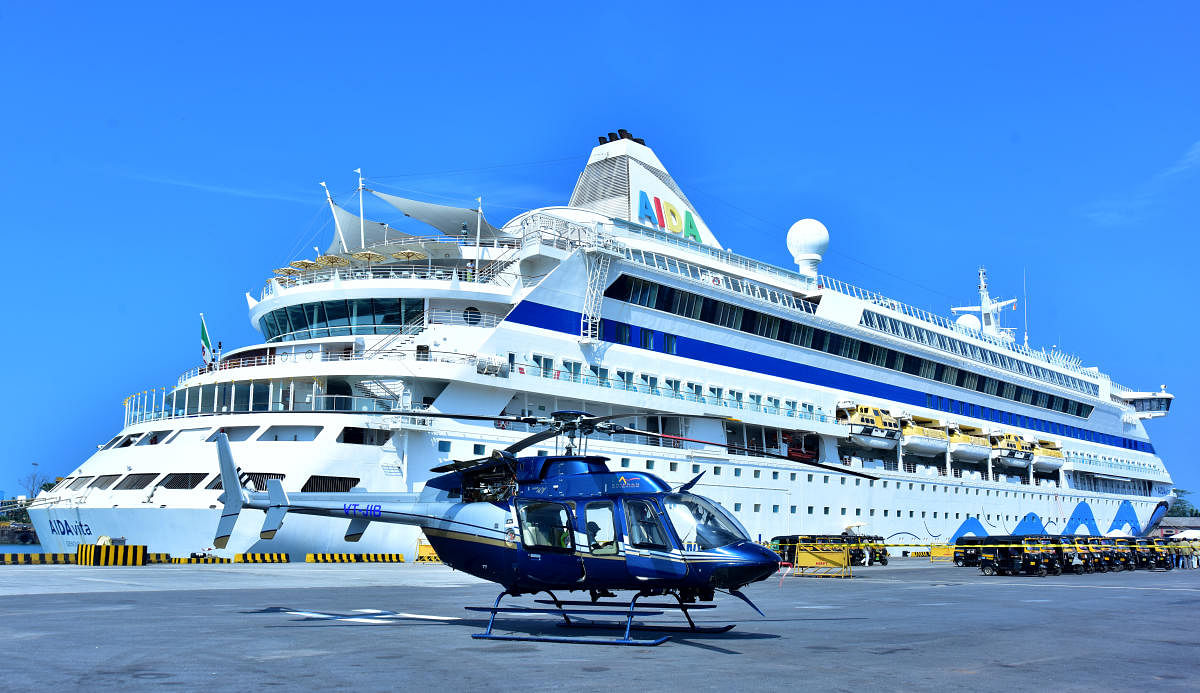 A view of cruise vessel Aida Vita and helicopter, at New Mangalore Port. DH Photo