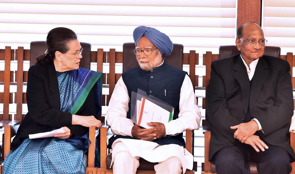 UPA Chairperson Sonia Gandhi, former Prime Minister Dr Manmohan Singh, NCP President Sharad Pawar. (PTI Photo)
