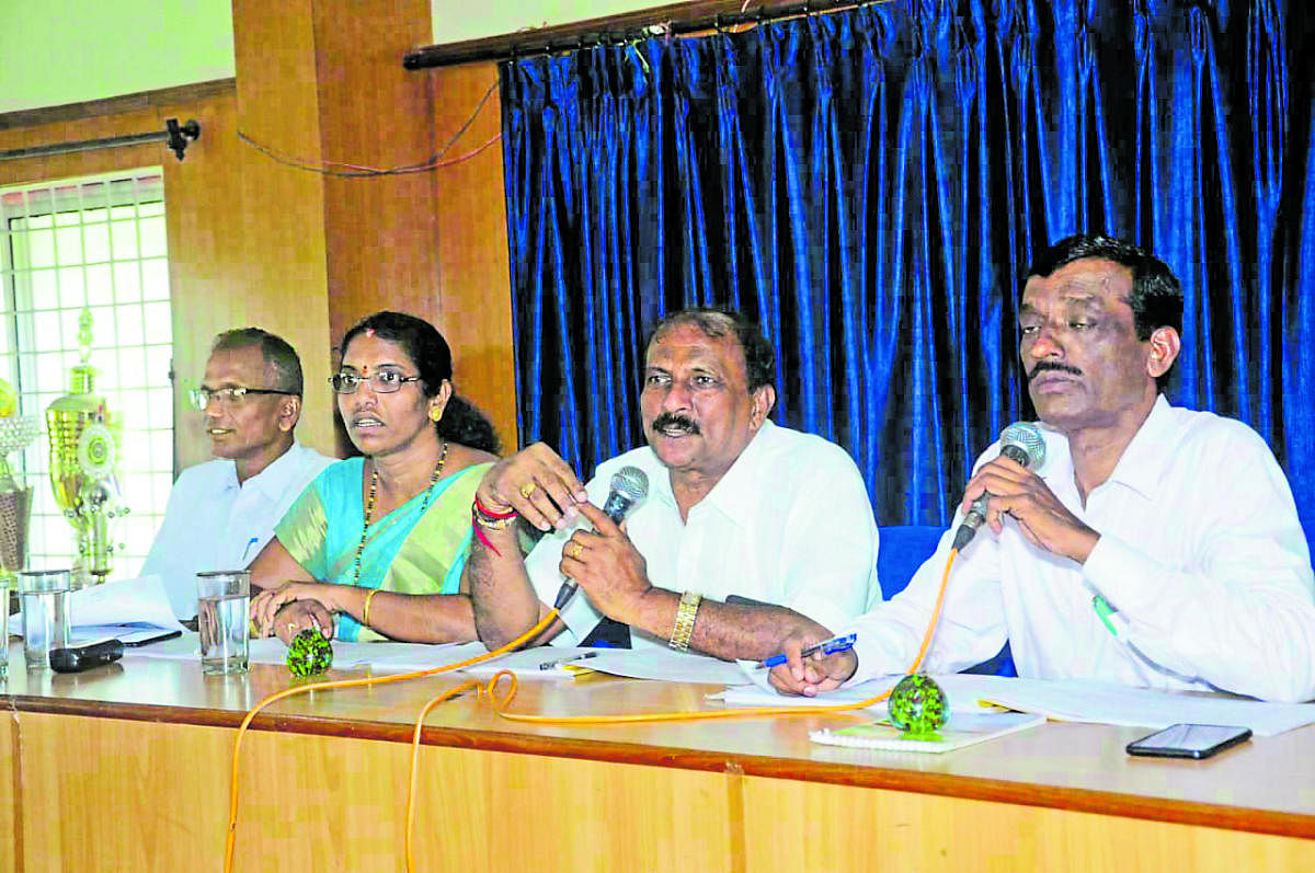 MLA Lalaji R Mendon speaks at KDP quarterly meeting held at Taluk Panchayat office in Udupi.