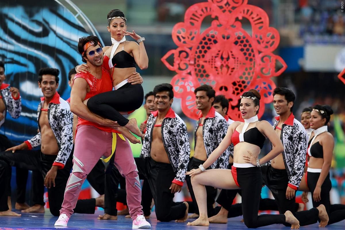Bollywood actor Varun Dhawan performs during an IPL opening ceremony. DH Photo