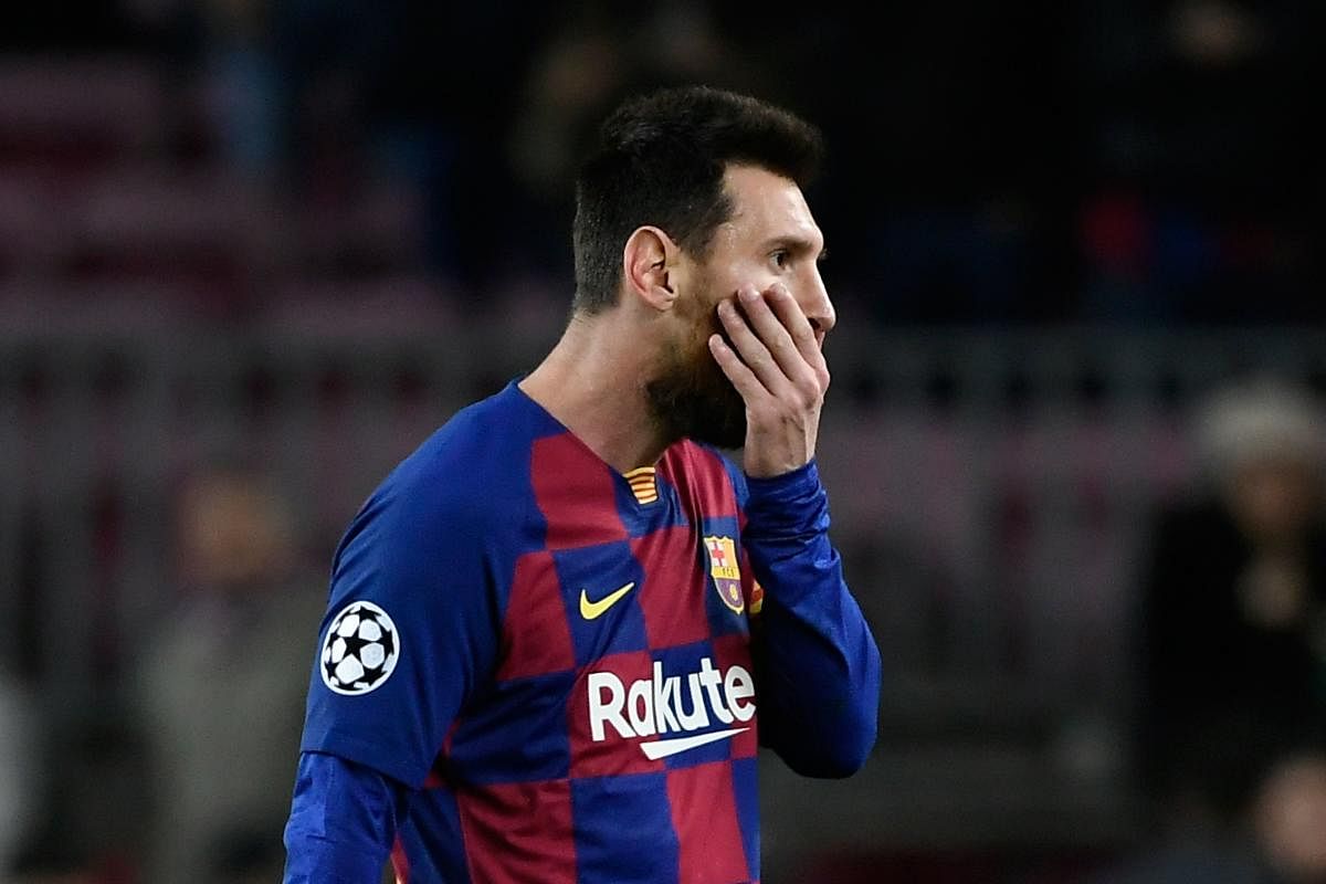 Barcelona's Argentine forward Lionel Messi reacts at the end of the UEFA Champions League group F football match between FC Barcelona and SK Slavia Prague at the Camp Nou stadium in Barcelona on November 5, 2019. (Photo by LLUIS GENE / AFP)