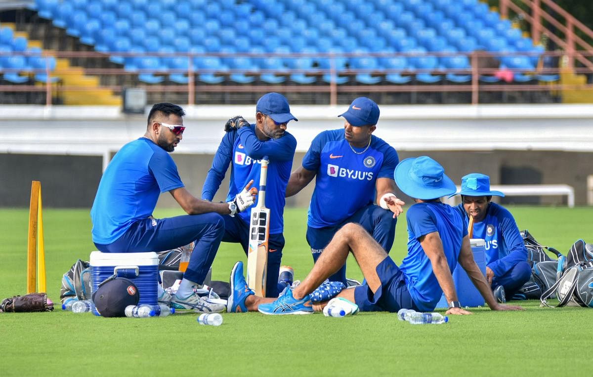  Indian cricket players during a practice session ahead of their second T20 match against Bangladesh, at Khanderi Stadium in Rajkot, Tuesday, Nov. 5, 2019. (PTI Photo)