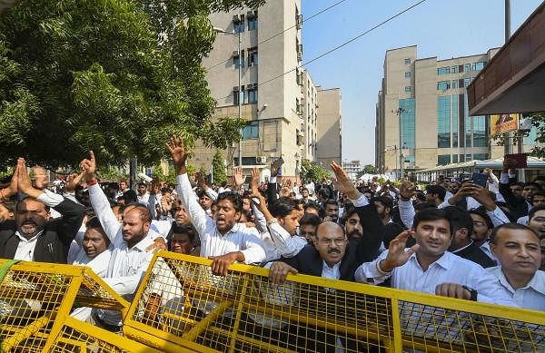 Lawyers stage a protest against the police over the recent Tis Hazari Court clashes, at Saket Court Complex in New Delhi, Wednesday, Nov. 6, 2019. (PTI Photo)