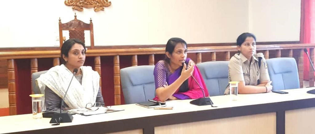 Deputy Commissioner Annies Kanmani Joy chairs a meeting on the flood relief measures, at the DC’s office in Madikeri on Wednesday. Superintendent of Police Dr Suman D Pennekar and Additional Deputy Commissioner Dr Sneha look on.