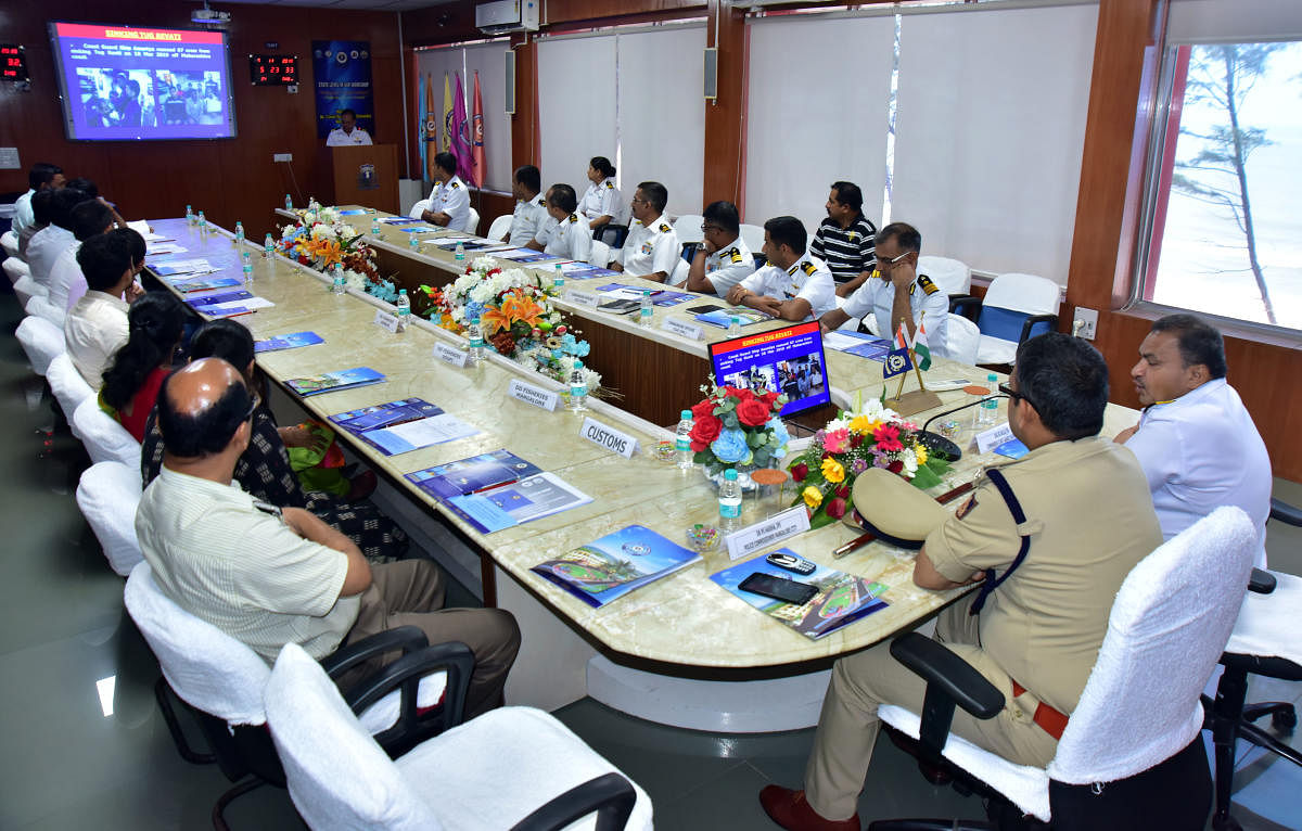 City Police Commissioner Dr P S Harsha, Coast Guard Karnataka Commander DIG S S Dasila and other officials and stakeholders take part in the state-level Maritime Search and Rescue workshop at Indian Coast Guard (ICG) in Panambur, Mangaluru, on Thursday.