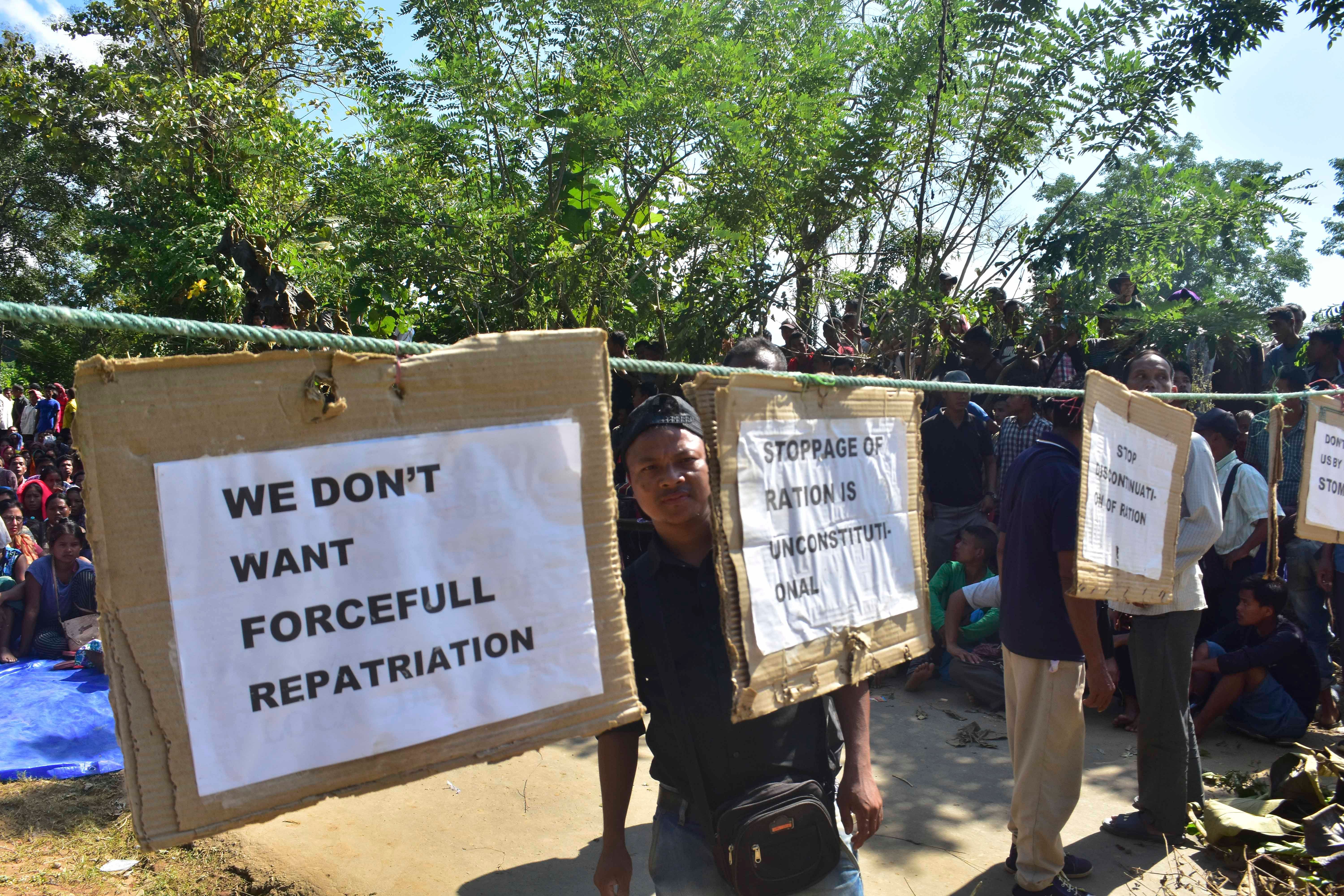Brus refugees staging a protest against near their relief camps in Tripura North district against "forceful repatriation" to Mizoram. (Photo by Tanmoy Chakraborty in Agartala)