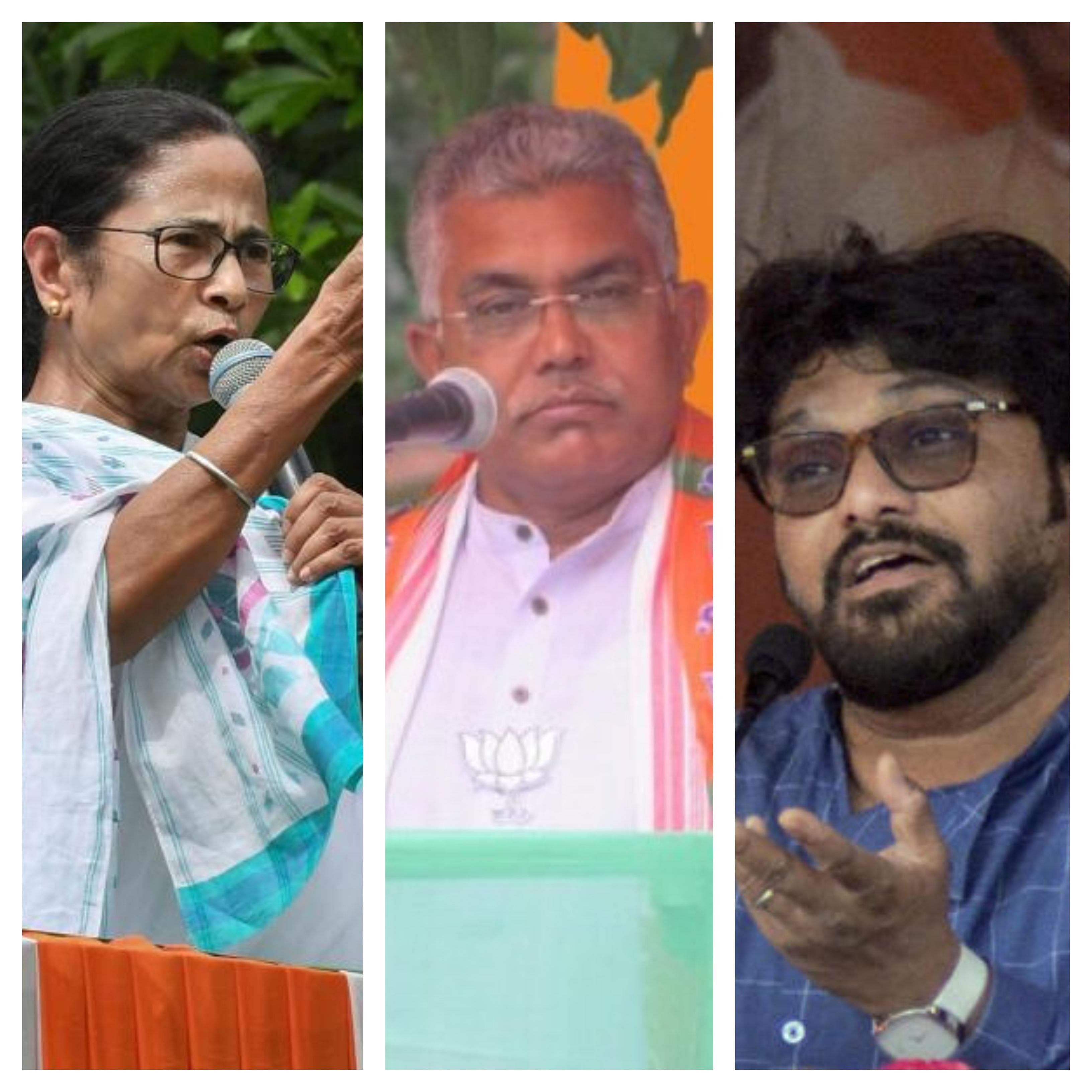 West Bengal Chief Minister Mamata Banerjee (L), state BJP president Dilip Ghosh (C) and Union Minister Babul Supriyo (R). 