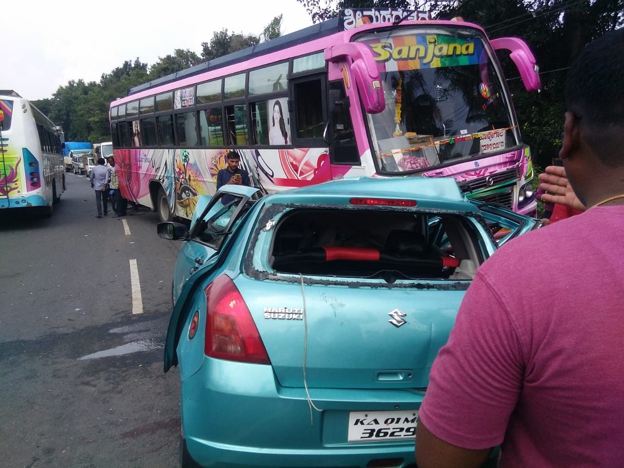 The car, which was heading towards Mysuru from T Narasipur, hit the bus coming from the opposite direction. (DH Photo)