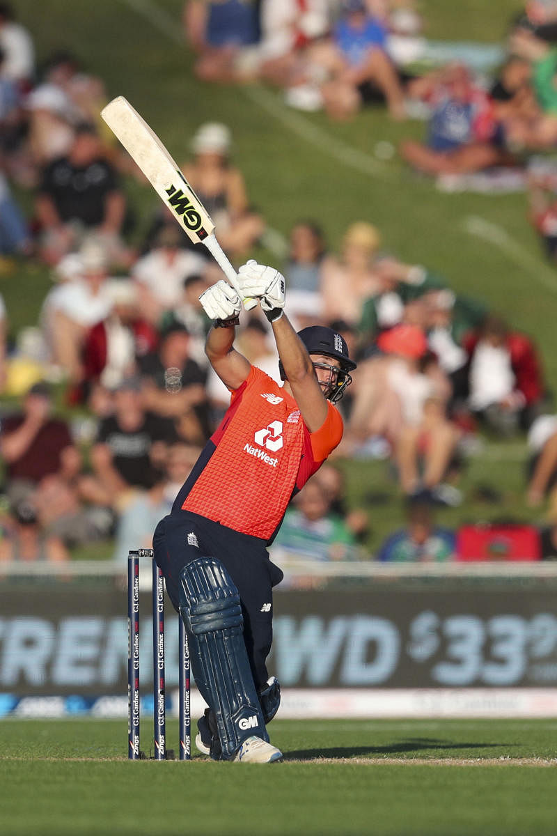 England's David Milan loses his bat during the T20 cricket match between England and New Zealand in Napier, New Zealand, Friday, Nov. 8, 2019. (AP/PTI Photo)
