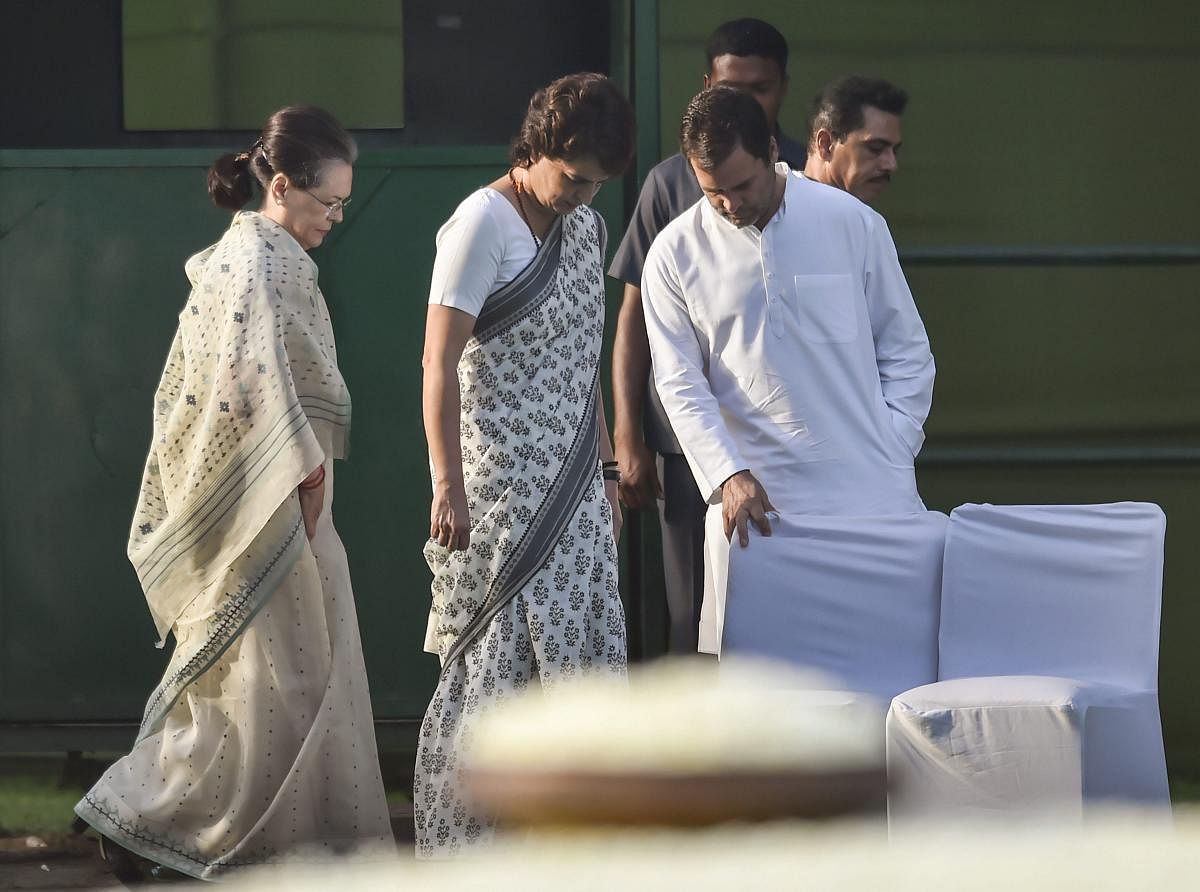 Congress party President Sonia Gandhi, party leader Rahul Gandhi and General Secretary Priyanka Gandhi Vadra. (PTI Photo)