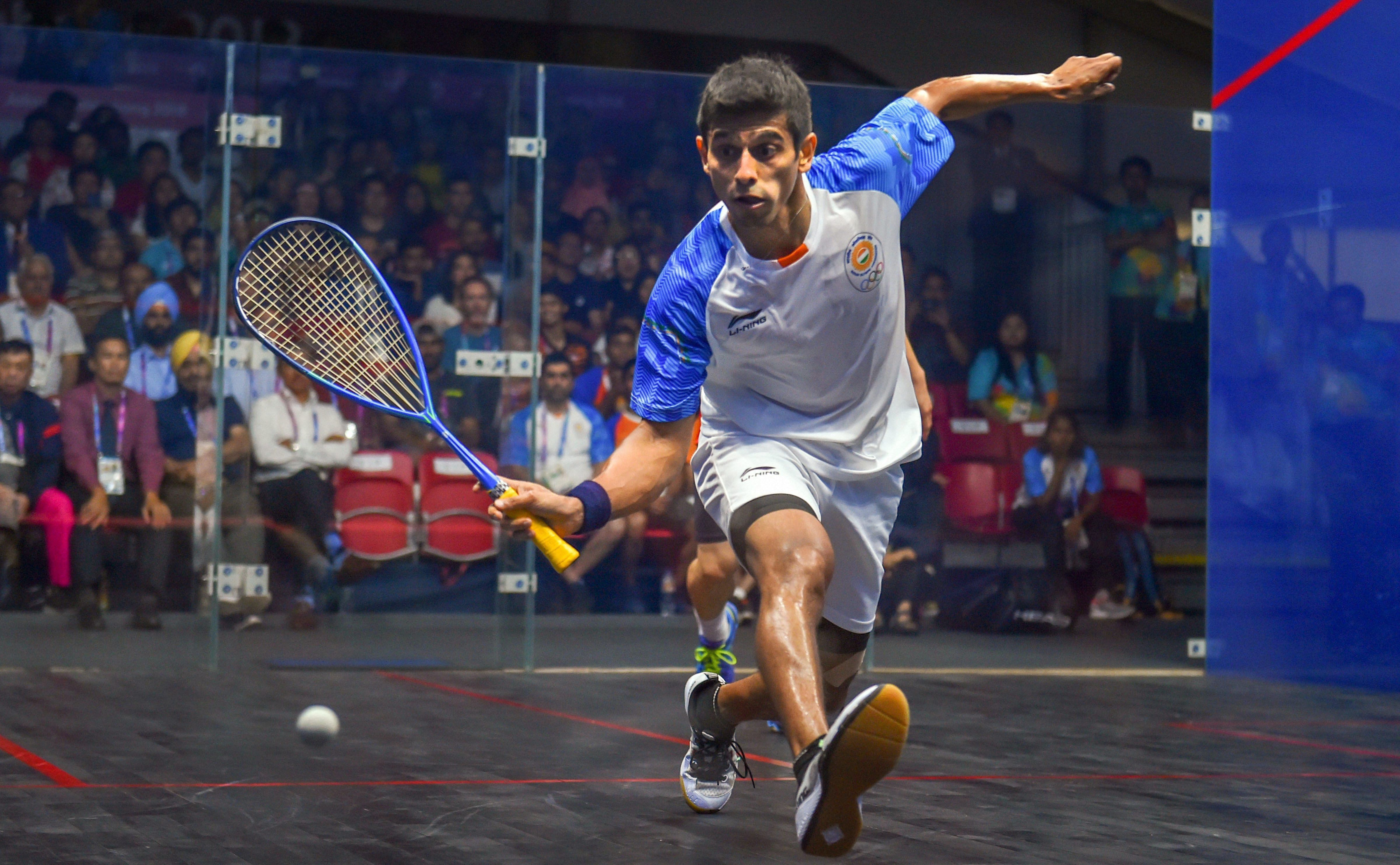  India's Saurav Ghosal in action during men's squash semifinal match against Hong Kong at the 18th Asian Games 2018 in Jakarata. (PTI Photo)