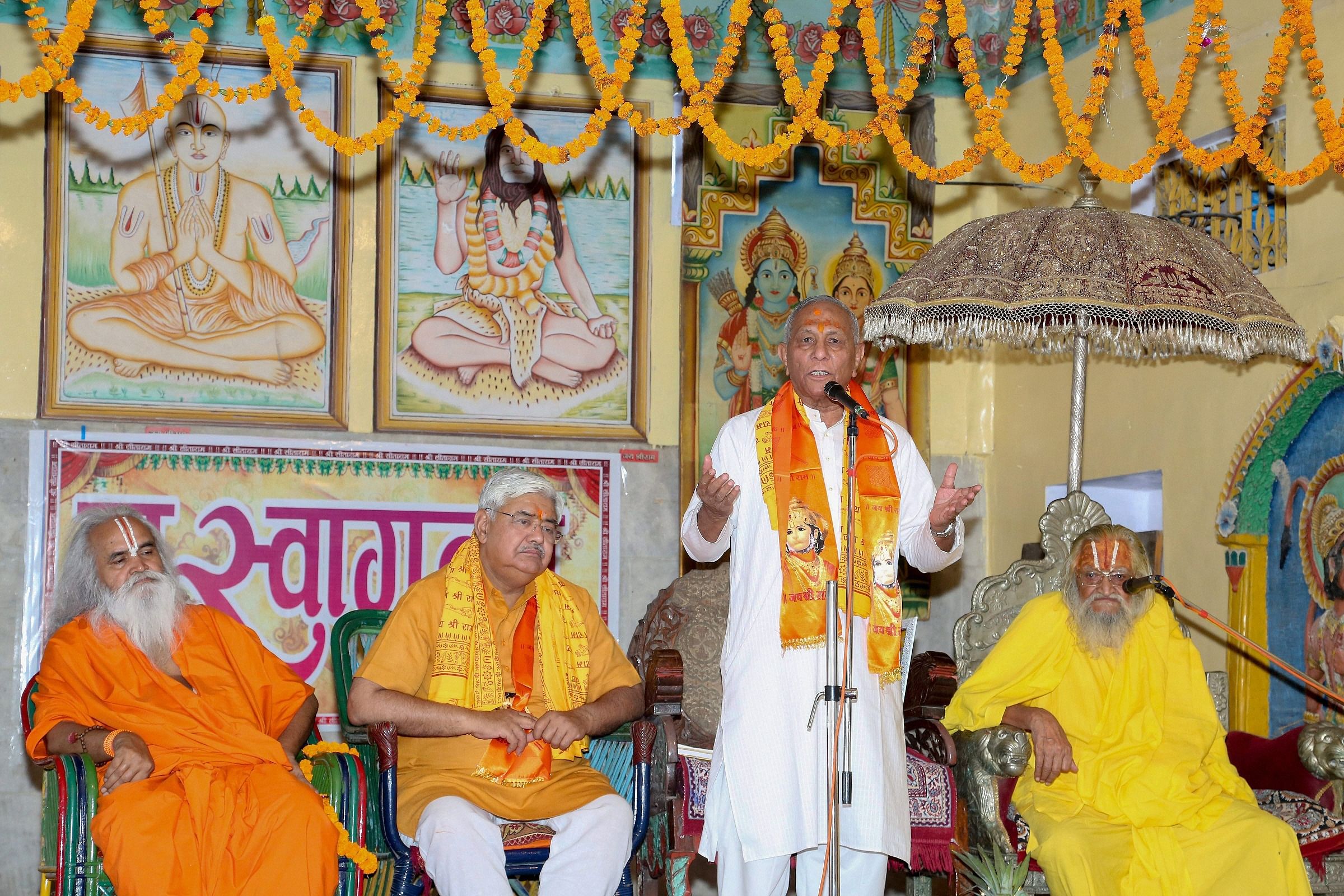 Newly elected Vishwa Hindu Parishad (VHP) chief Vishnu Sadashiv Kokje addresses a meeting of sadhus, in Ayodhya. PTI file photo