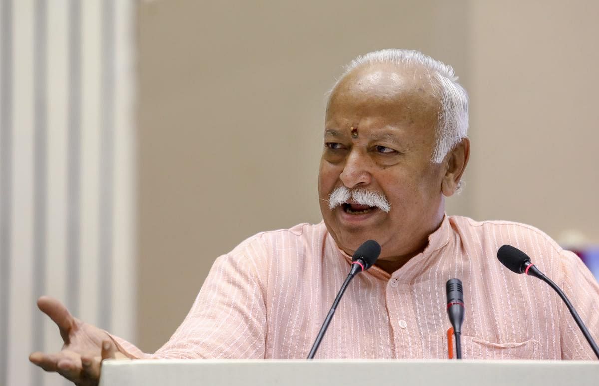 RSS chief Mohan Bhagwat speaks on the 2nd day at the event titled 'Future of Bharat: An RSS perspective', in New Delhi, Tuesday, Sept 18, 2018. (PTI Photo)