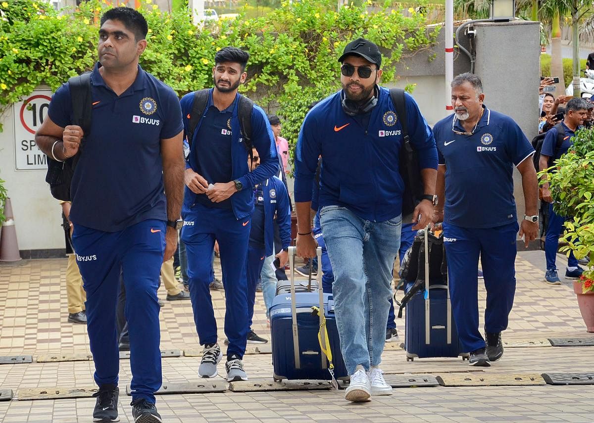 Indian men's cricket T20 team arrive at a hotel ahead of their second match with Bangladesh, in Rajkot. (PTI Photo)