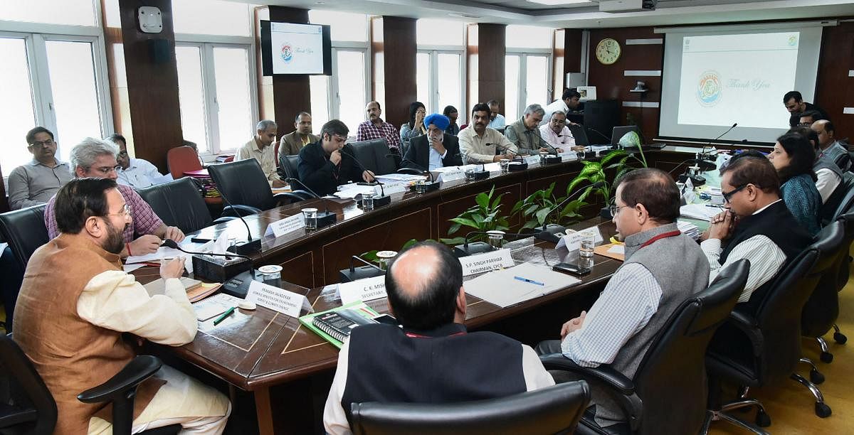 a meeting to review air pollution mitigation efforts with the senior officials of State Governments of Delhi, Uttar Pradesh, Haryana and Punjab, in New Delhi. (PIB/PTI Photo)