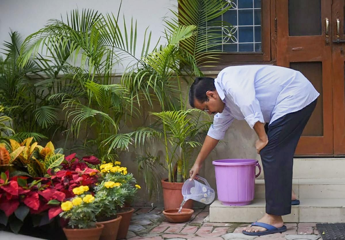 Delhi Chief Minister Arvind Kejriwal inspects his home for stagnant water to prevent the spread of mosquito-borne diseases during '10 Hafte, 10 Baje, 10 Minute' campaign against dengue. (PTI Photo)