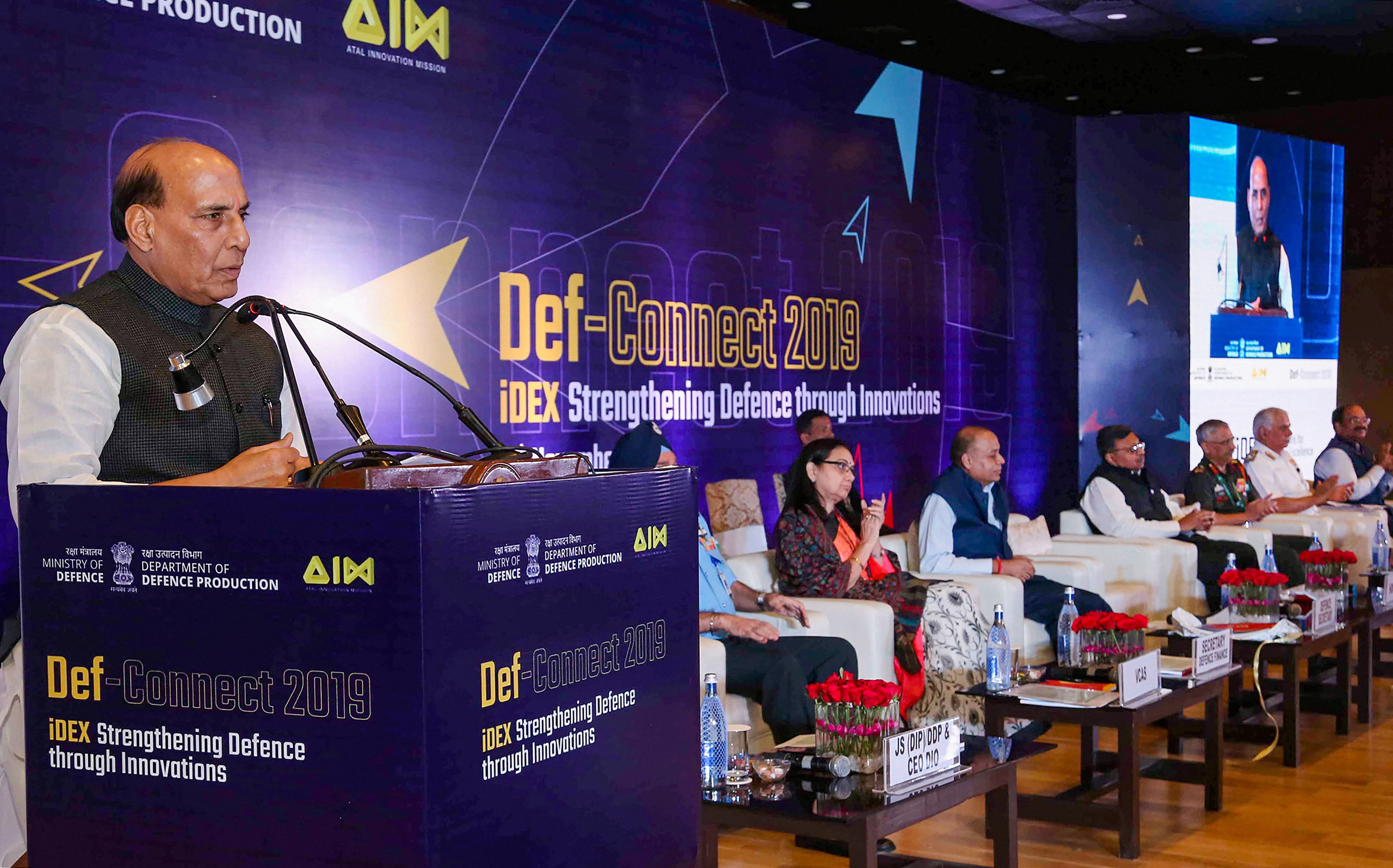 Union Minister for Defence Rajnath Singh addresses the ‘Def-Connect 2019’ under the aegis of Innovations for Defence Excellence (iDEX), in New Delhi. (PTI Photo)
