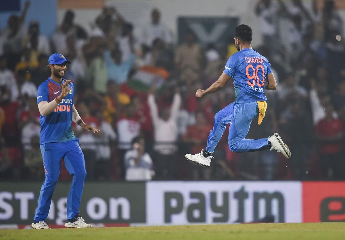  Indian player Deepak Chahar celebrates the dismissal of Bangladeshi Aminul Islam during the third T20 cricket match at Vidarbha Cricket Association stadium in Nagpur, Sunday, Nov. 10, 2019. (PTI Photo/Mitesh Bhuvad)