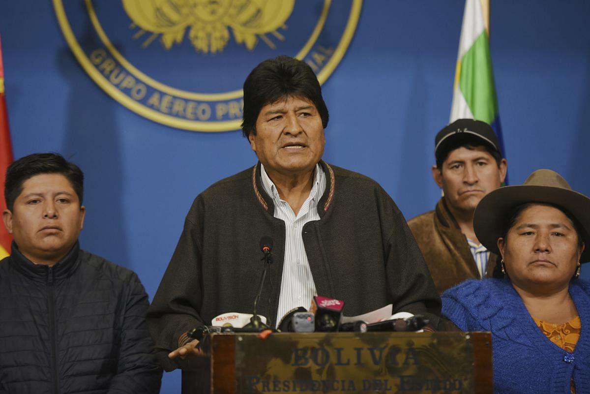 Bolivian President Evo Morales speaks from the presidential hangar in El Alto, Bolivia, Sunday, Nov. 10, 2019. Photo/AFP