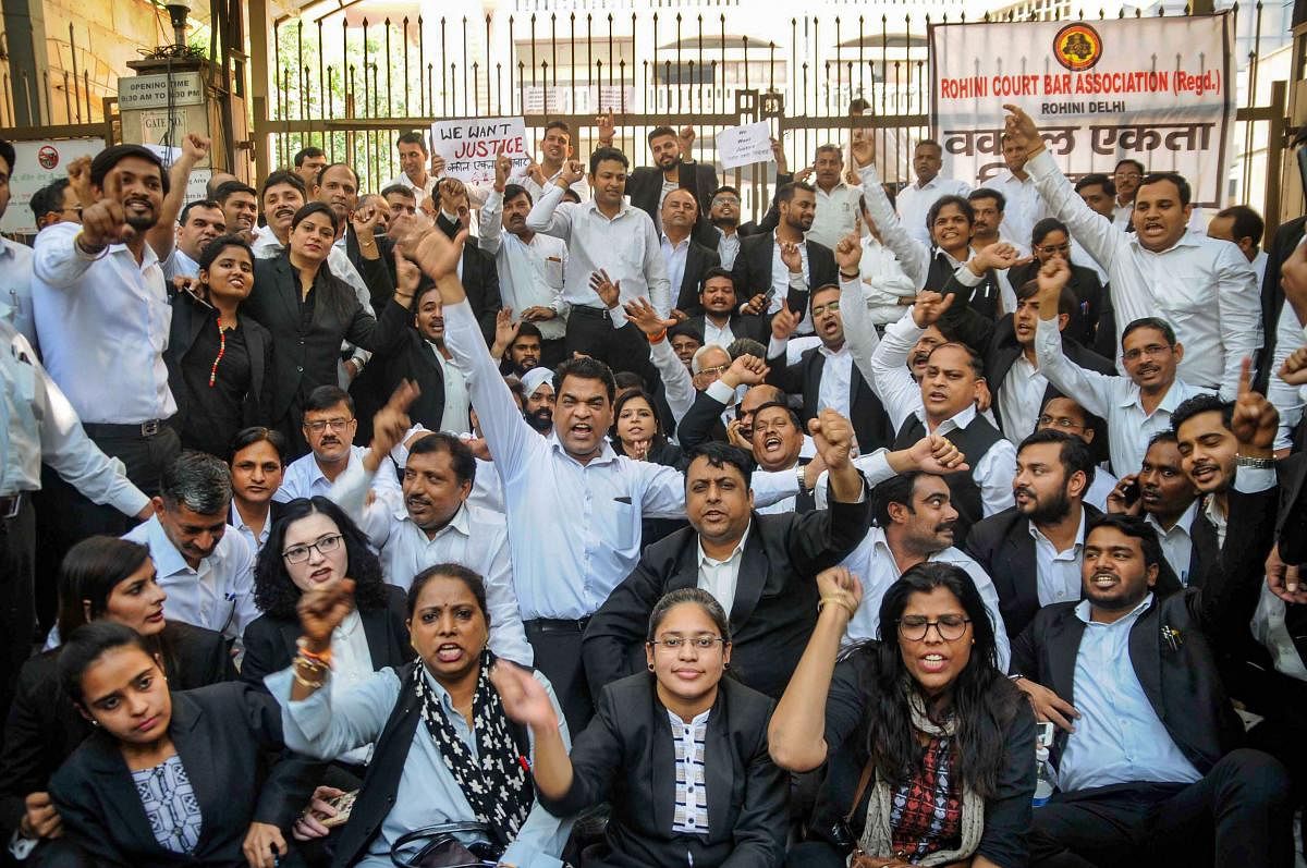 "Despite our cooperation, no concrete step has been taken to arrest the police persons who fired at advocates, so there would be complete, complete and complete abstinence from work with all peaceful modes in all Delhi district courts," said Dhir Singh Kasana, general secretary of the coordination committee of All District Courts Bar Associations. Photo/PTI