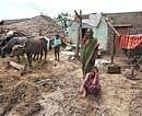 Flood victims outside their damaged home at Sriguppa village in Bellary district on Monday. PTI