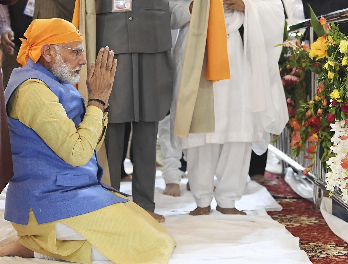 Prime Minister Narendra Modi pays obeisance at Gurdwara Sri Ber Sahib in Sultanpur Lodhi, Punjab, Saturday, Nov. 9, 2019. (PIB/PTI Photo)