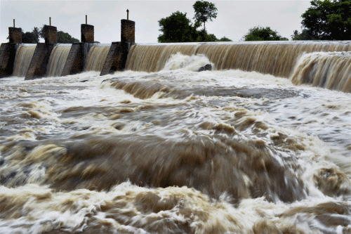 A view of overflowing Khodashi dam on Krishna river after rains in Karad on Tuesday. PTI Photo