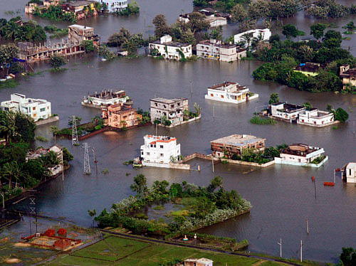 An aerial view of an area flooded by heavy rains in the aftermath of Cyclone Phailin in Balasore on Monday. PTI Photo