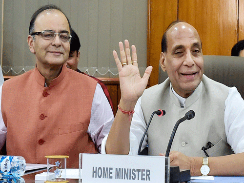 Home Minister Rajnath Singh and Finance Minister Arun Jaitley at a press conference in New Delhi on Tuesday. PTI Photo
