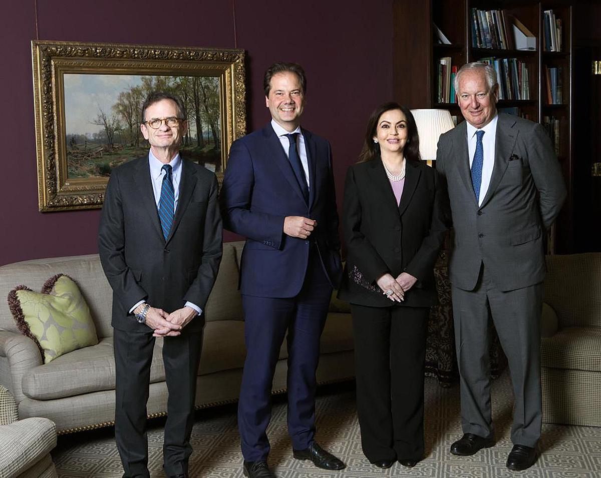  Philantrophist and Chairperson of Reliance Foundation Nita Ambani flanked by Chairman of the Board of Metropolitan Museum of Art Daniel Brodsky (R), President & CEO Daniel Weiss (L) and Director Max Hollein (2L), at The Metropolitan Museum of Art in New York, Wednesday, Nov. 13, 2019. (PTI Photo)