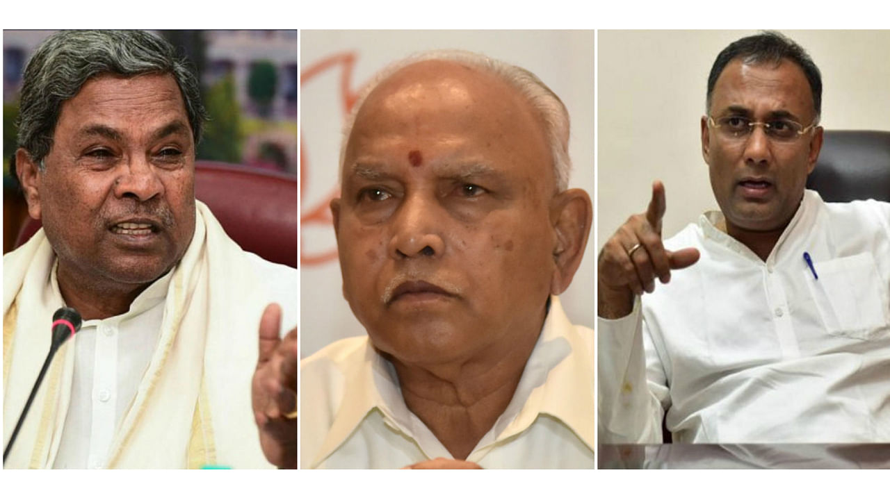 CLP leader Siddaramaiah (L), Karnataka CM B S Yediyurappa (C) and KPCC President Dinesh Gundu Rao (R) (DH Photo)