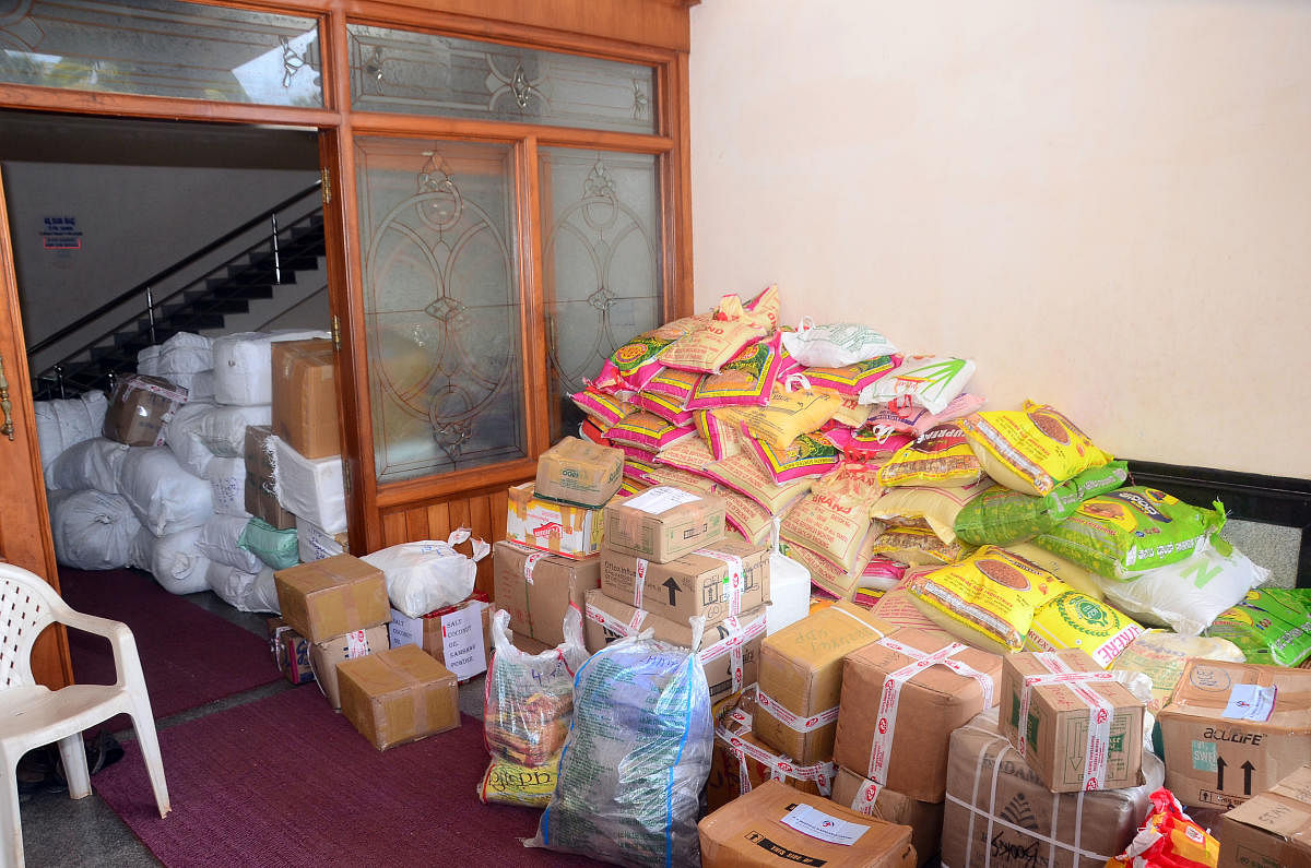 Relief materials collected by Seva Bharati, in Mangaluru. 