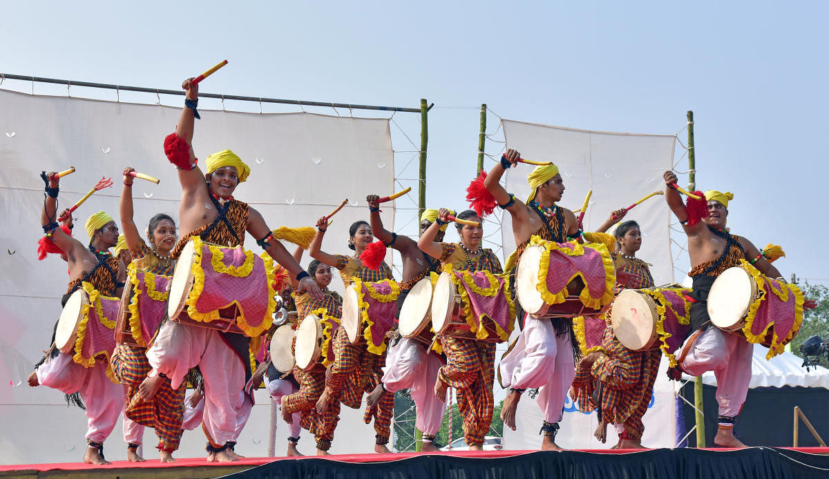 Folk artists perform during the inauguration of River Festival in Mangaluru on Saturday.