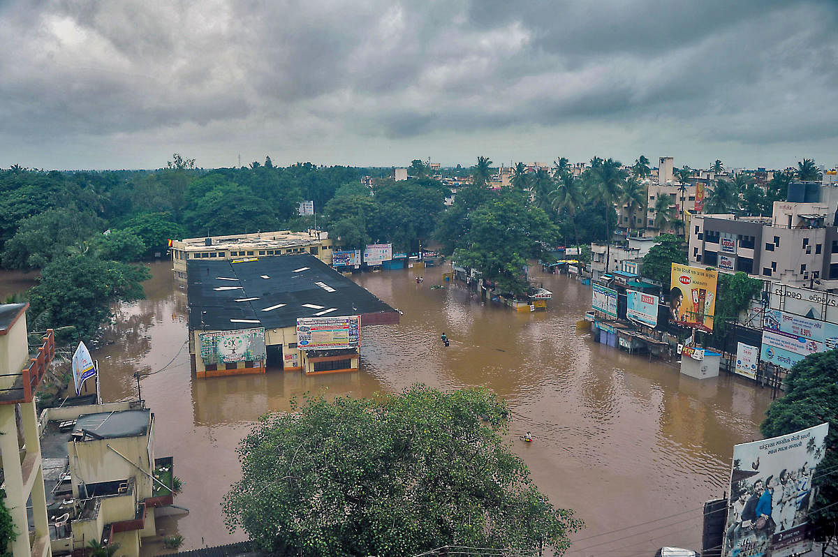 A view of flooded areas due to overflowing Krishna river during monsoon season, in Sangli on Wednesday. (PTI Photo)