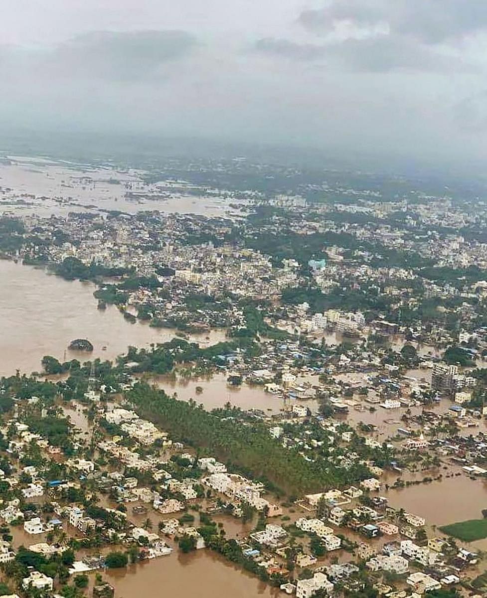 An aerial view of flood-affected areas as Maharashtra Chief Minister Devendra Fadnavis (unseen) conducts a survey, in Sangli. (PTI Photo)